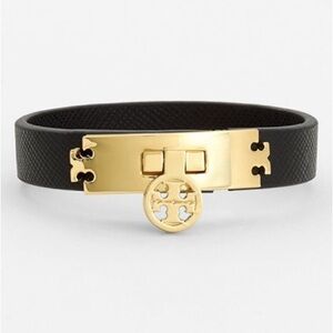 Tory Burch Logo Turnlock Leather Bracelet Black and Gold